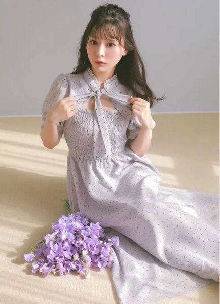 evelyn エブリン ドット柄 フロントオープン デコルテオープン胸あき ロングワンピースドットロングOP