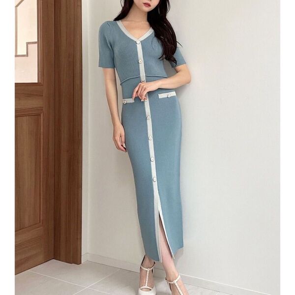 【極美品】リゼクシー バイカラーフロントボタンワンピース F ニットワンピース FREE