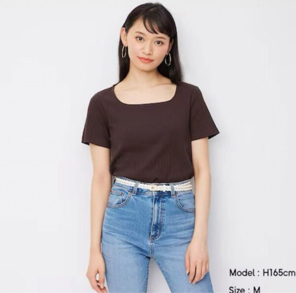 GU リブスクエアネックコンパクトT 半袖Tシャツ カットソー ブラウン