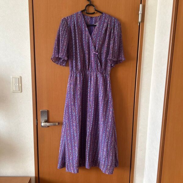 レトロワンピース ペイズリー柄 パープル カシュクール夫婦 ワンピース レディース