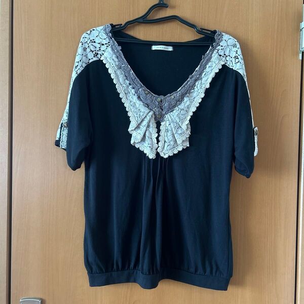 axes femme トップス レース 黒 半袖 カットソー tシャツ レディース