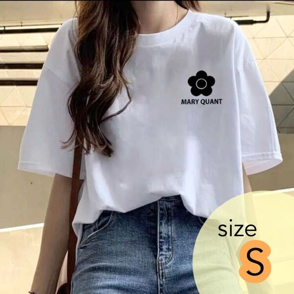 フラワーロゴTシャツ 白Tシャツ オーバーサイズTシャツ シンプルTシャツ マリークワントTシャツ レディースTシャツ 半袖