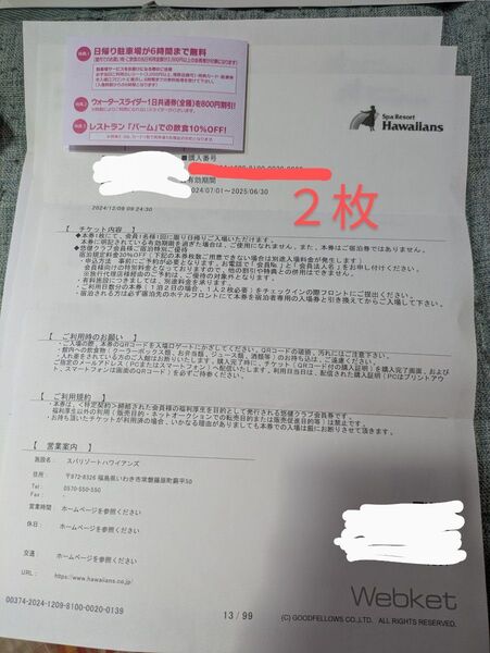 【2枚】スパリゾートハワイアンズ 入場券 チケット ハワイアンズ 【スライダー割引券付】