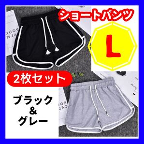 L ブラック グレー 2枚セットショートパンツ ルームパンツ 韓国 ラインパンツ