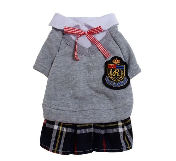 犬服 Sサイズ グレー チェックスカート 赤リボン ワンコ 洋服 犬 犬服 秋 冬 ドッグウェア ペット用品 スカート