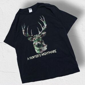 USA製生地 DELTA デルタ アニマルプリントTシャツ 鹿柄 カモフラ 半袖 ブラック