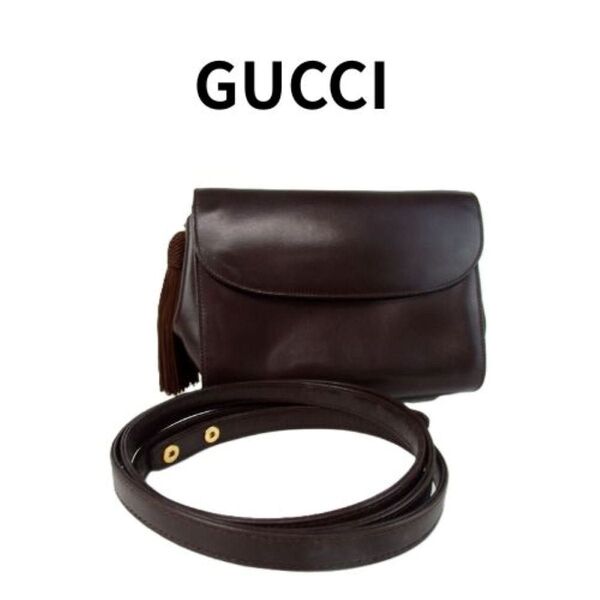 美品 GUCCI グッチ ダークブラウン ショルダーバッグ レザー ポーチ クラッチ 2way