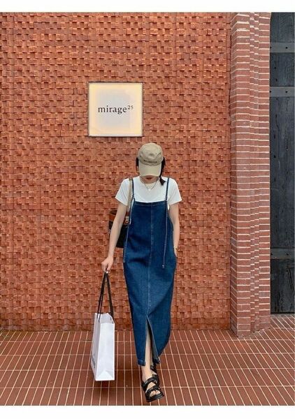 M デニムワンピース サロペット スリット体型カバー 韓国風 つなぎ デニム キャミオールインワン オーバーオール マキシ丈