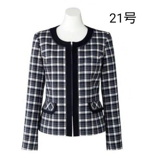 ☆新品タグ付き☆ボンマックス/ノーカラーチェック ジャケット ネイビー×ブルー 21号
