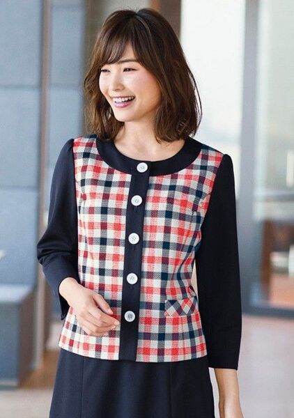 ☆新品タグ付き☆ブロックチェックノーカラージャケット オレンジ×ネイビー 17号 七分袖 チェック柄