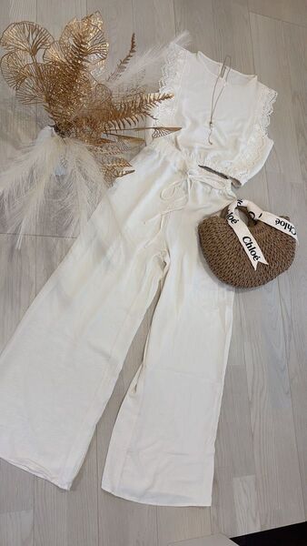 本日限定価格*セットアップ 美品 ワイドパンツ ノースリーブレース アイボリー ザラ ジーユー