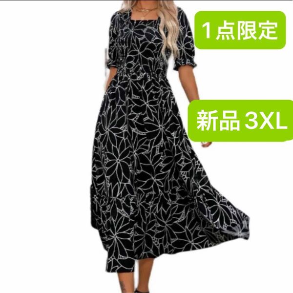 新品 レディース 半袖ワンピース ゆったり ブラック ウエストゴム 3XL 大きいサイズ 薄手 夏服 4L シャーリング