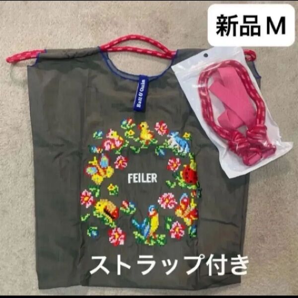 新品 レディース ボールアンドチェーン エコバッグ M フェイラー FEILER 刺繍 グレー 花柄 ストラップ付き トートバッグ