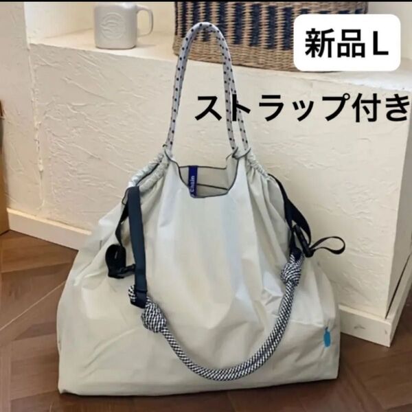 新品 レディース ボールアンドチェーン エコバッグ ブルーボトルコーヒー 刺繍 ライトグレー ストラップ付き L エコバッグ