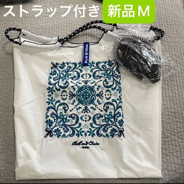 新品 レディース ボールアンドチェーン エコバッグ M 刺繍 ホワイト×ブルー 花柄 ストラップ付き トートバッグ