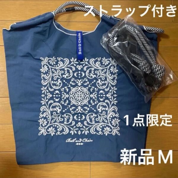 新品 レディース ボールアンドチェーン エコバッグ M 刺繍 ホワイト×ネイビー 花柄 ストラップ付き トートバッグ