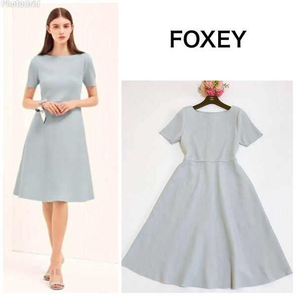 2023SS☆フォクシー ニットワンピースドレス メルローズ 半袖 水色 FOXEY