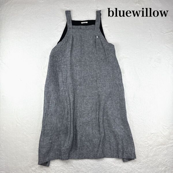 bluewillow ブルーウィロー リネン エプロンワンピース ロングヘリンボーン ゆったり 紐