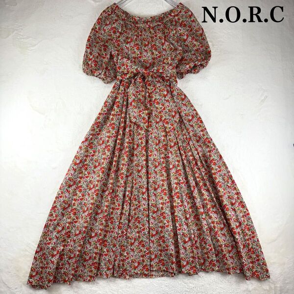 N.O.R.C ノークリバティプリントワンピースロング丈 2WAY Aラインオフショルダー ボリューム袖リゾート日本製