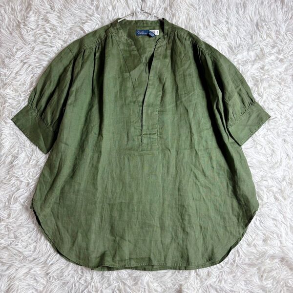 23SS 現行 Polo RalphLauren ポロラルフローレン ブラウス スキッパー リネン100% カーキ 麻