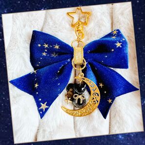 黒猫と三日月のリボンチャーム★星空リボンのバッグチャーム★猫好きさんへ☆