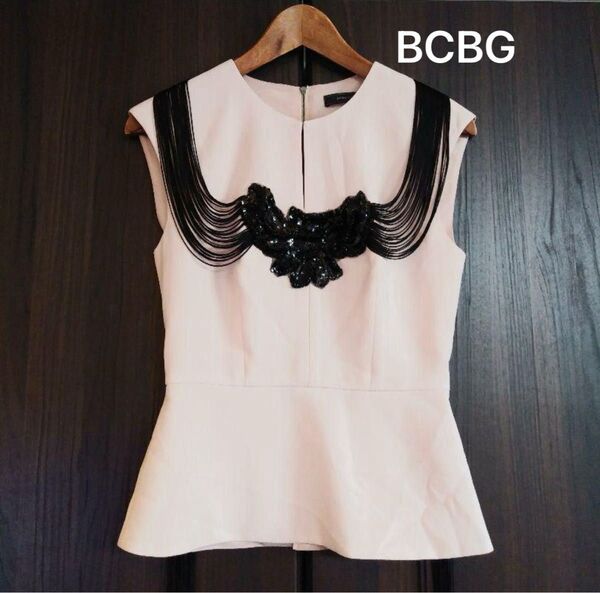 BCBGMAXAZRIA★フリンジペプラムトップ★XXS★ピンク★ブラック★レア★ノースリーブ スパンコール ペプラムトップス