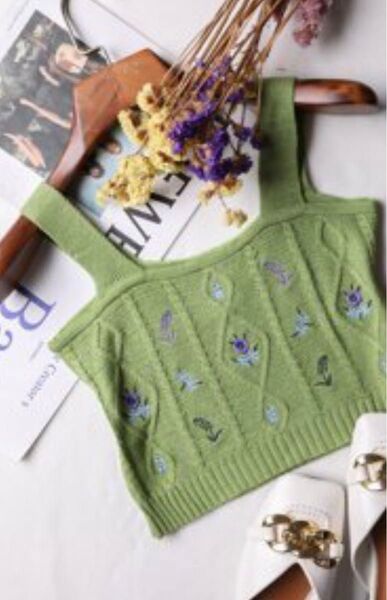 ニットビスチェ サマーニット ビスチェ キャミソール タンクトップ ノースリーブ M レディース 花柄 刺繍 夏 春 グリーン 緑