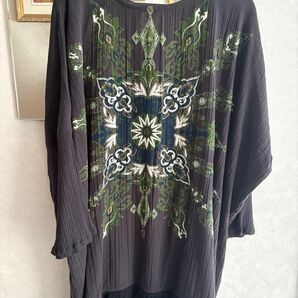 刺繍 幾何学模様 フリンジ付き五分袖チュニック