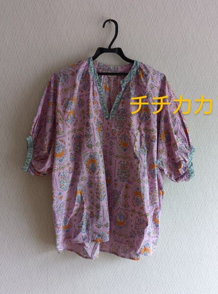チチカカ フラワープルオーバー 花柄 ゆったり パステル ピンク 綿 七分袖