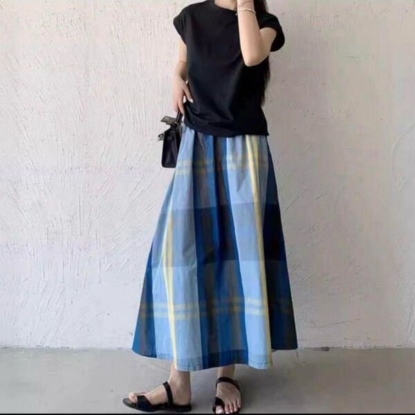 フレアスカート Aライン ロングスカート マキシ丈 体型カバー チェック柄
