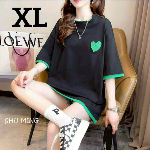 XL【半袖Tシャツ】ビッグシルエット 体型カバーゆったり ハート刺繍 韓国