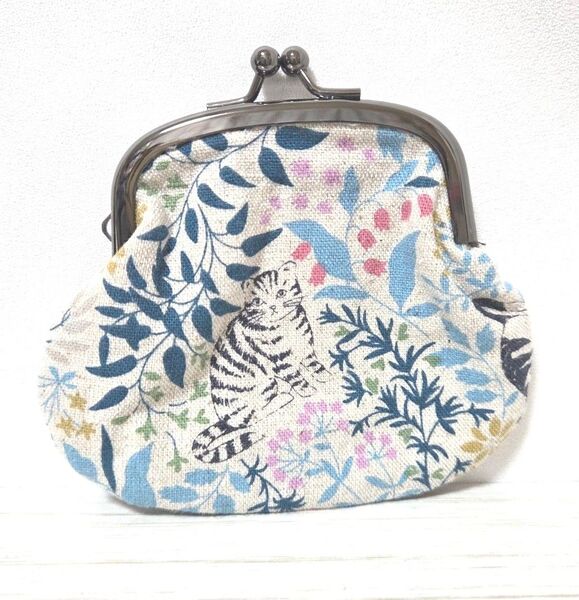 ハンドメイド がま口 小銭入れ 小物入れ ミニ財布 財布 草花 猫 茶トラ ナチュラル カス残し 綿麻 ねこ ネコ