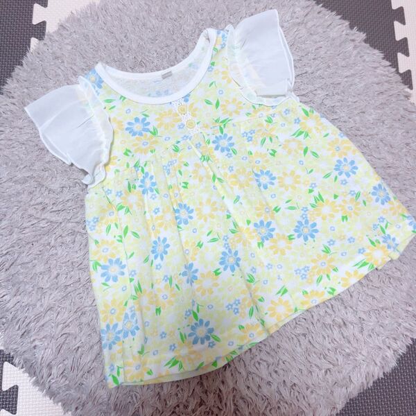 キッズ服☆イエローのフラワー柄トップス90サイズお袖フリル☆花柄 子供服 キッズ トップス 半袖Tシャツ
