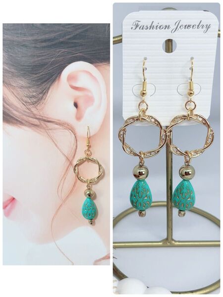 ハンドメイドピアス☆ゴールドひねりフープ×ターコイズしずくピアス☆アンティーク 夏ピアス 爽やか ピアス ハンドメイド ビーズ