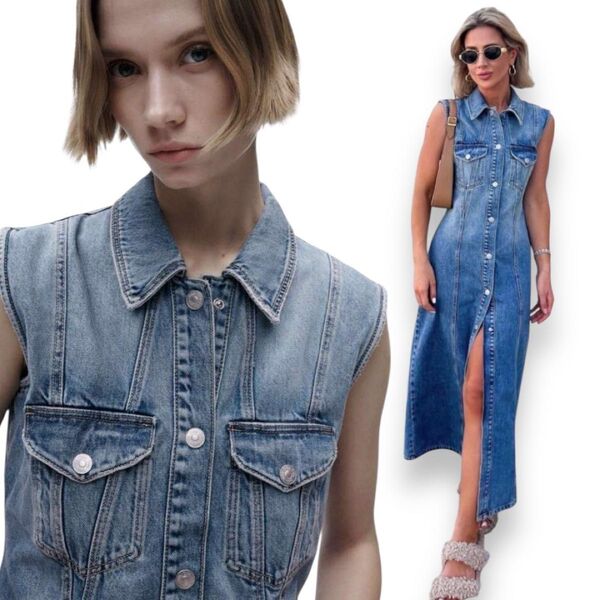 ZARA 極美品 デニムノースリーブマキシ丈シャツワンピース ロングワンピース M ザラ