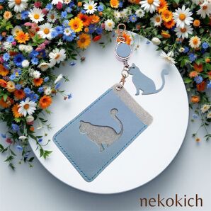 本革 リール付きパスケース 片面ポケット 定期入れ ねこ 猫 パスケース ギフト 革 牛革 レザー リールキーホルダー リール