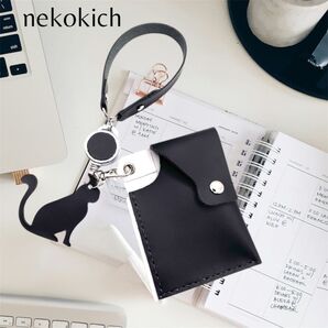 本革【手のひらサイズ 】猫モチーフ カードケース 名刺ケース 革ストラップ コンパクト 名刺入れ 免許証 診察券 ポイントカード