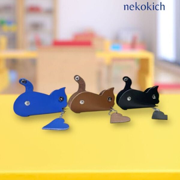 本革【猫ハートキーケース】黒猫 ブラック 黒色 キーリング 鍵ケース キーケース 鍵入れ キーホルダー キーリング 革 牛革