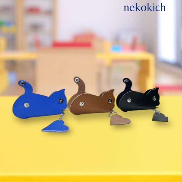 【本革キーケース】黒猫 黒色 ブラック キーリング 鍵ケース 鍵入れ 猫モチーフ レザー 包装無料 男女兼用 軽量 レザー