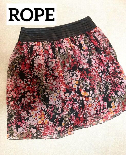 ROPE 花柄スカート ひざ丈スカート ギャザースカート S 7号 花柄 ミニスカート ピンク