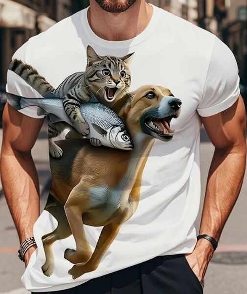 送料無料!Tシャツ【魚を盗み犬に乗って逃げる猫】欧米L(日本LLサイズ)シャツメンズレディース・おしゃれ・おもしろ