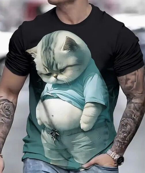 送料無料!Tシャツ【ダイエットに悩む猫_黒生地】欧米L(日本LLサイズ)シャツメンズレディース・おしゃれ・おもしろ