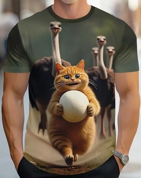送料無料!Tシャツ【ダチョウの卵を盗んで逃げる猫】欧米L(日本LLサイズ相当)シャツメンズレディース・おしゃれ・おもしろ爆笑