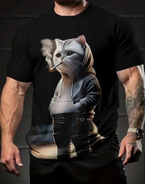 送料無料!Tシャツ【タバコを吸うパーカー猫・黒】欧米L(日本LLサイズ)シャツメンズレディース・おしゃれ・おもしろ