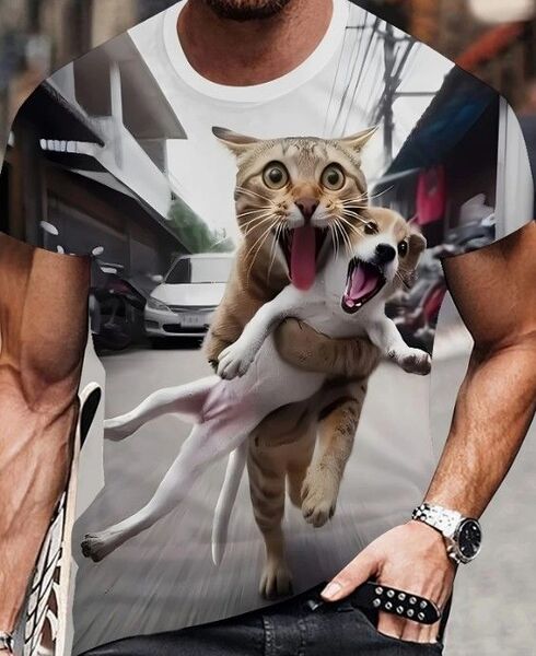 送料無料!Tシャツ【子犬を抱えて逃げる泥棒猫】欧米L(日本LLサイズ)シャツメンズレディース・おしゃれ・おもしろ