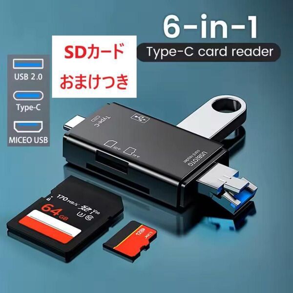 SDカード付 6in1 SDカードリーダー USB/SD変換アダプタ microSD Type-C