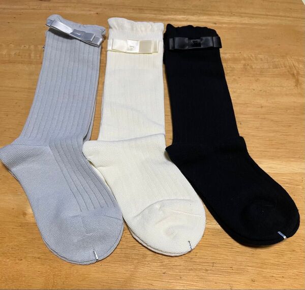 ハイソックス 女の子 リボン 靴下 膝下 17-20cm 3足セット サイドグログランリボン