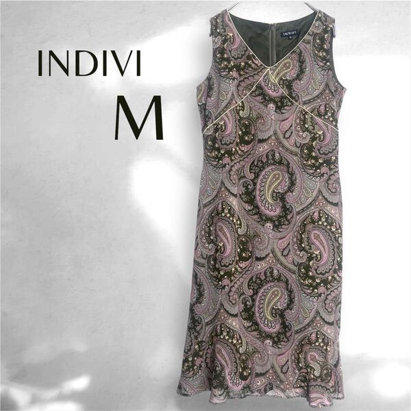 INDIVI ノースリーブ フリルワンピース ペイズリー柄 ひざ丈 インディヴィ Mサイズ カーキ