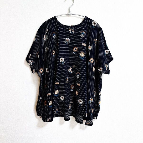 【 marble SUD 】 お花と蝶々 刺繍 ドット Tシャツ 黒 花柄