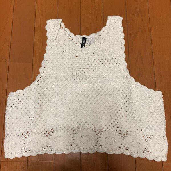 forever21 サマーニット クロシェ編み タンクトップ アメスリ ノースリーブ トップス レース ホワイト
